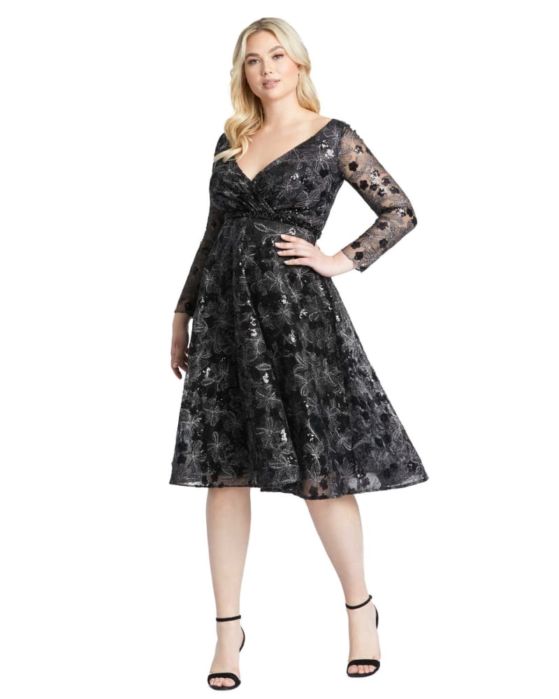 Front of a model wearing a size 12W Long Sleeve Illusion Sequin Embroidered Midi Dress in BLACK by Mac Duggal. | dia_product_style_image_id:290059